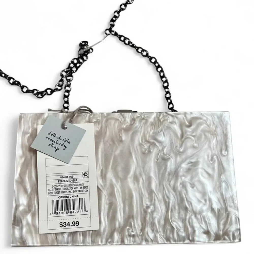Pearlescent Acrylic Box Clutch Ivory Iridescent White Marble Evening Bag - Picture 3 of 4